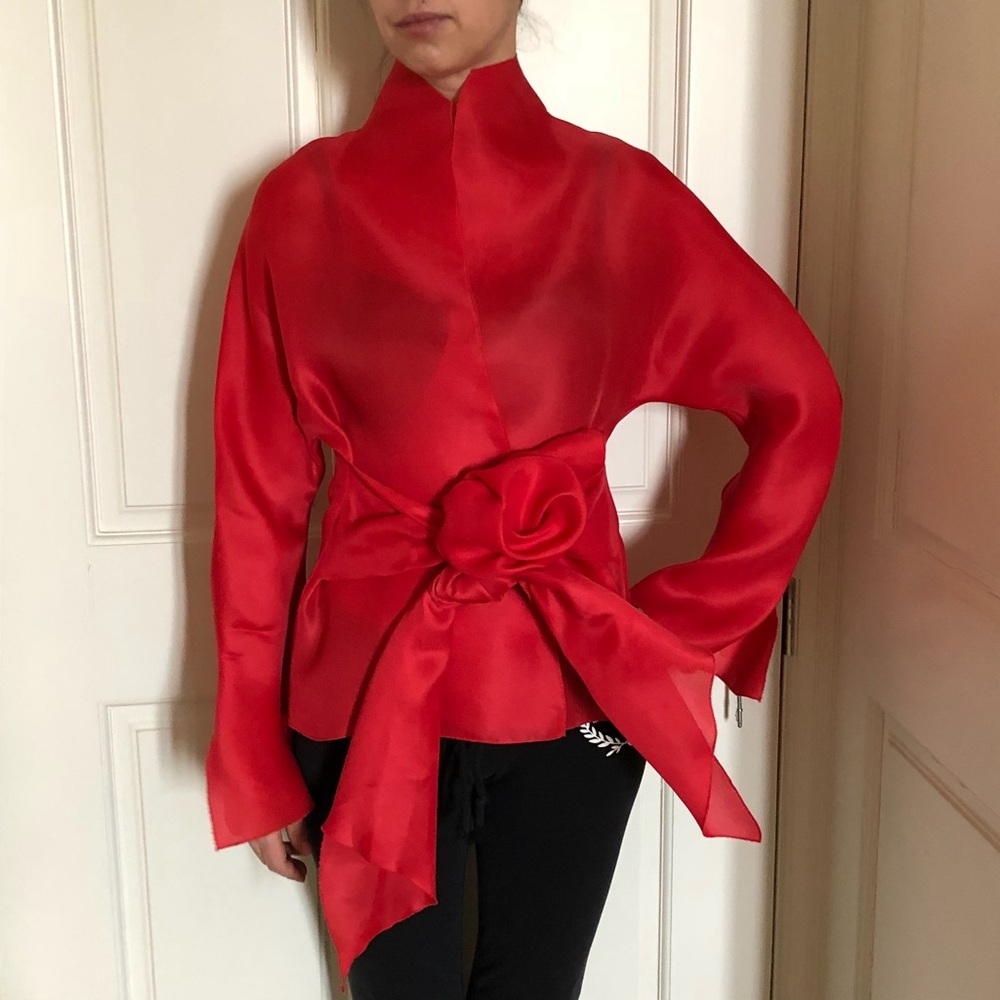 Jackie Rogers Elegant Silk Organza Evening Wrap-Around with Red Rose Closure